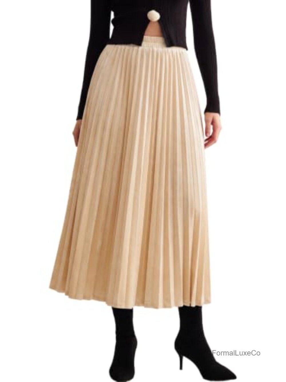 Women's Velvet Pleated Midi Skirt High Waist A-Line